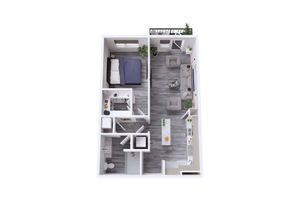 Modern 3D floor plan showcasing a cozy one-bedroom apartment with open living area, stylish kitchen, and spacious balcony.