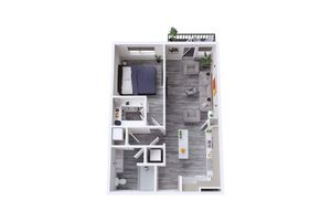 Modern 3D floor plan featuring a cozy bedroom, stylish open-concept living room, and sleek kitchen with breakfast bar, ideal for contemporary living.