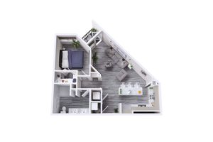 Modern 3D floor plan showcasing a cozy one-bedroom apartment with a spacious open-plan kitchen and living area, sleek bathroom, and stylish bedroom decor.