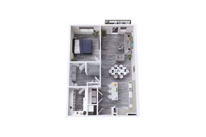 Elegant 3D floor plan showcasing a modern one-bedroom apartment with open-concept living and dining area, sleek kitchen, and cozy bathroom.