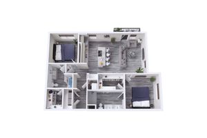 Modern 3D floor plan showcasing two spacious bedrooms, a sleek open-concept living area with chic decor, and a stylish kitchen with a central island.