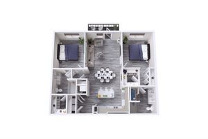Modern 3D floor plan featuring two bedrooms, an open living and dining area, chic kitchen, and private balcony.