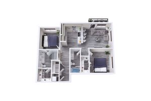 Modern 3D floor plan showcasing 2 spacious bedrooms, an open-concept kitchen with bar seating, and a bright living room with balcony access.