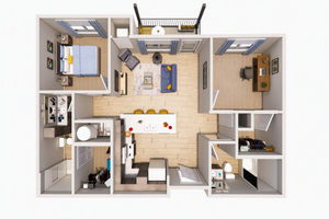 Modern 3D floor plan showcasing a stylish apartment with a cozy bedroom, spacious living area, functional kitchen, and a home office. Enjoy a private balcony and ample storage space.