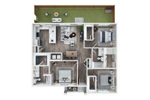 Chic 3D floor plan showcasing three bedrooms, modern open kitchen with island, stylish living area, and cozy outdoor patio.