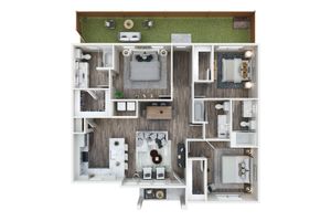 Modern apartment floor plan featuring 3 spacious bedrooms, elegant living room, gourmet kitchen, and scenic patio area.