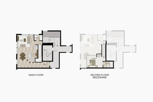 Elegant dual-level floor plan featuring a main floor with an open-concept living room and dining area, and a mezzanine level with a spacious bedroom and private bath.