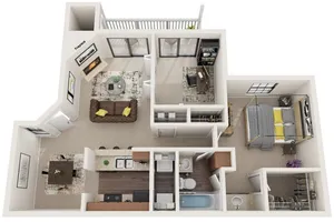 Two Bedroom | One Bathroom | 840 sqft | Patio/Balcony | Full Size Washer/Dryer Connections | Fireplace in Selected Units