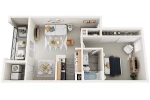 3D apartment floor plan showcasing 1 bedroom, cozy living area, and open kitchen with dining space.