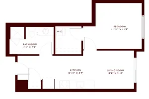 Urban Oasis apartment floor plan featuring spacious bedroom, modern kitchen, and cozy living room.
