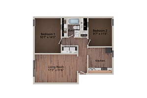 Modern floor plan featuring 2 bedrooms, a sleek kitchen, and a spacious living room.