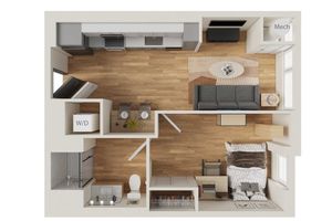 Chic one-bedroom apartment floor plan showcasing an open living and dining area, modern kitchen, and stylish bathroom with warm wood flooring.
