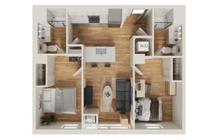 Modern 2D floor plan showcasing 2 bedrooms, 2 bathrooms, an open living area, and a sleek kitchen with an island. Includes in-unit washer and dryer.
