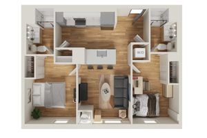 Contemporary 2-bedroom apartment floor plan featuring an open kitchen and living area, stylish bedrooms, and convenient washer/dryer space.