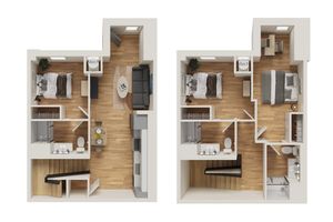 Modern 3D floor plan showcasing two-story apartment with two bedrooms, sleek kitchen, and cozy living area. Beautifully designed for comfortable living.