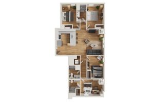 Modern floor plan featuring three chic bedrooms, open living space, contemporary kitchen, and two sleek bathrooms, exuding comfort and style.