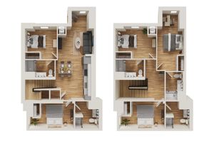 Modern 3D floor plan of a two-story apartment featuring three bedrooms, two bathrooms, a stylish open-concept kitchen, and a cozy living area with hardwood flooring.