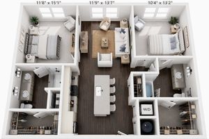 Charming 3D floor plan showcasing a cozy two-bedroom apartment with two bathrooms, an inviting living room, and a modern kitchen with an island, ideal for comfortable living.