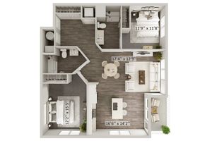 Elegant 3D floor plan showcasing 2 spacious bedrooms, open-concept living and dining area, modern kitchen, and cozy balcony.