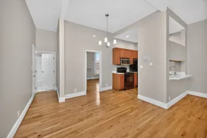 Bright modern apartment with open layout, hardwood floors, and contemporary kitchen design.
