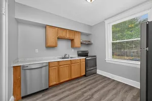 Modern kitchen with sleek stainless steel appliances, wood cabinetry, and large window for natural light.
