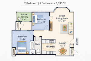 Inviting floor plan of a 2-bedroom apartment with 1 bathroom, featuring a spacious living area, cozy dining space, and private balcony, totaling 1,036 square feet.