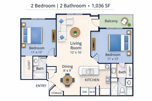Elegant 2D floor plan featuring 2 bedrooms, 2 bathrooms, an inviting living room, balcony, and modern kitchen, all within 1,036 square feet.