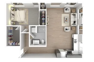 Modern 1-bedroom apartment floor plan with a spacious living area, open kitchen, and ample closet space.
