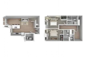 Modern two-story floor plan showcasing a spacious open-concept living area, stylish kitchen with a breakfast bar, two cozy bedrooms, and two elegant bathrooms.