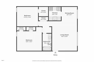 Inviting floor plan showcasing 2 bedrooms, spacious living room, cozy kitchen, and elegant dining area with ample closet space.