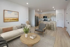 Modern open-concept living room and kitchen with stylish decor, natural wood finishes, and cozy seating area.