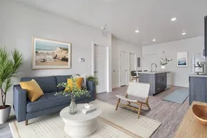 Charming open-concept living room and kitchen with modern decor, stylish furniture, and bright natural light.