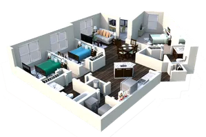 Elegantly designed 3D floor plan featuring three bedrooms, an inviting open-concept living and dining area, and a modern kitchen with sleek appliances.