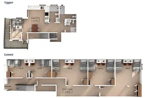 Modern multi-level floor plan showcasing upper unit with kitchen, dining area, and living room, plus lower level featuring multiple bedrooms with Twin XL beds.