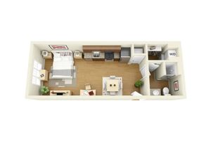 Modern studio apartment floor plan with a cozy bedroom area, stylish kitchen, open dining space, and a bathroom. Includes in-unit washer and dryer.