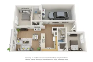 Contemporary 3D floor plan showcasing 2 bedrooms, an open living area, modern kitchen, and integrated garage for seamless living.