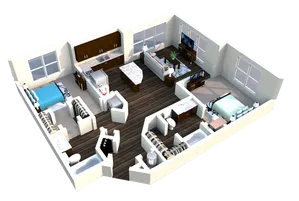 Modern 3D floor plan showcasing two bedrooms, an open living area, a contemporary kitchen, and luxurious bathrooms with stylish fixtures.