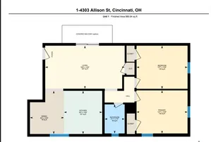 Charming floor plan of a Cincinnati apartment, featuring 2 bedrooms, a spacious living area, dining space, and modern kitchen with optional covered balcony, covering 880.64 sq ft.
