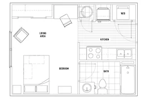 Modern 2D floor plan featuring a cozy bedroom, spacious living area, well-equipped kitchen, and a functional bathroom with a sleek design.