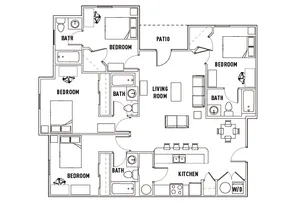 Modern floor plan showcasing a spacious layout with three bedrooms, open kitchen, inviting living room, and a cozy patio.
