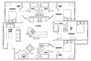 Elegant floor plan featuring 3 bedrooms, expansive kitchen with island, and two luxurious baths, designed for modern living.