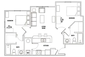 Modern 2D floor plan showcasing 2 spacious bedrooms, a stylish open-concept kitchen and living area, along with 2 elegant bathrooms, featuring convenient in-unit washer and dryer.