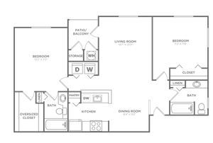 Floor plan map for a two bedroom apartment at Avana Palm Beach Gardens rental community near Juno Beach with labeled rooms.