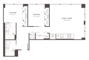 Modern floor plan featuring two bedrooms, a spacious living and dining area, and a well-equipped kitchen with ample storage.