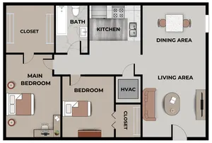 Oak Leaf two-bedroom, one-bathroom floor plan featuring a spacious main bedroom with a large closet, an additional bedroom with closet space, a central bathroom, a kitchen with modern appliances, a dining area, a cozy living area, and HVAC utility space.