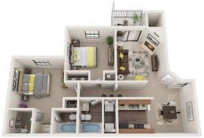 Two Bedroom | Two Bathroom | 915 sqft | Patio/Balcony | Full Size Washer/Dryer Connections | Fireplace in Selected Units