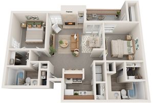 Two Bedrooms | Two Bathrooms | 956 sqft | Full-Size Washer/Dryer Connections | Patio/Balcony w/Storage | Walk-in Closets | Fireplace | Built-in Bookshelves