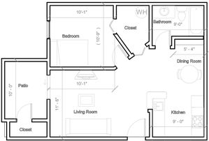 Modern floor plan featuring a spacious bedroom, cozy living room with patio access, functional kitchen, dining area, and a convenient bathroom layout.