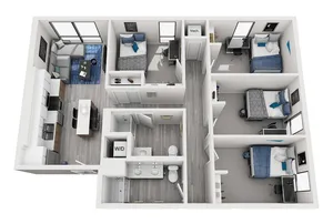Modern 3D floor plan showcasing 3 cozy bedrooms, an open kitchen with island, stylish living area, and convenient laundry space.