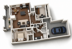 Modern floor plan showcasing a spacious layout with one bedroom, a roomy living room, a stylish open kitchen, a dedicated office space, luxurious bathroom, and an attached garage, featuring contemporary design and elegance.